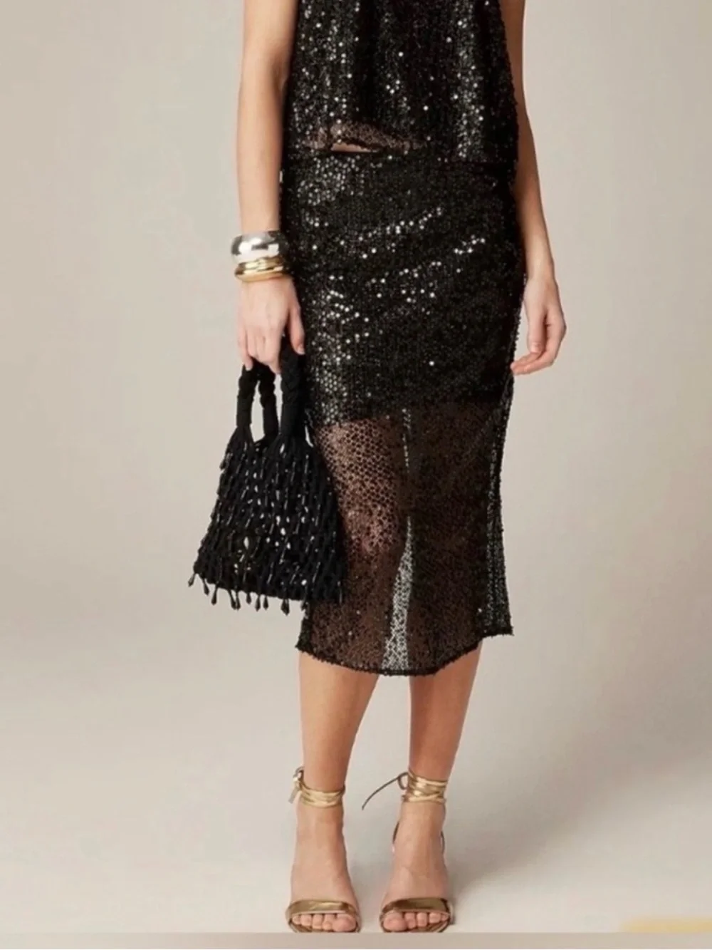 J. crew Collection Black Sequin Disco Festive Party Midi Skirt 8